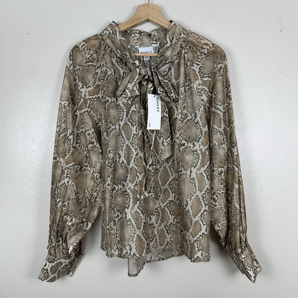 Bailey 44 Women's M Snake Print Tie Neck Long Sleeve Semi Sheer Blouse Top‎ NEW